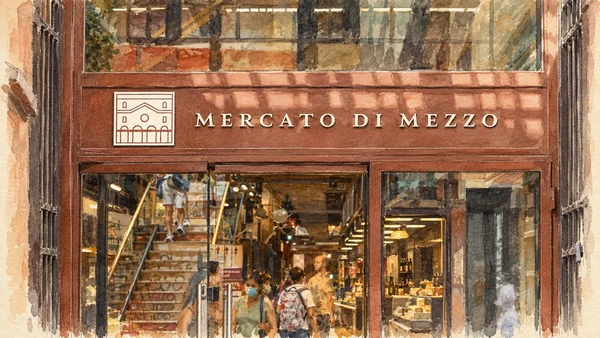 Watercolour: Entrance to Mercato di Mezzo Bologna, glazed doors and contemporary covered market interior