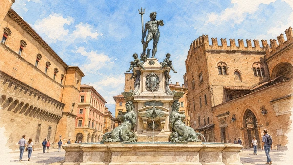 Watercolour: Bologna Fountain of Neptune, bronze figure with trident above pale sculpted pedestal and basin