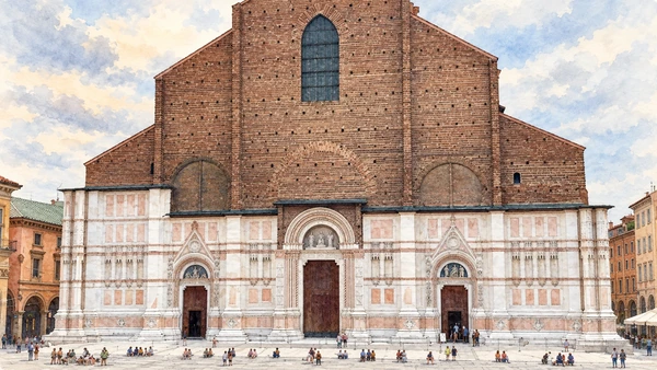 Watercolour: San Petronio Bologna, close frontal view of marble portals and unfinished brick facade