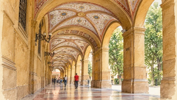 Watercolour: Bologna decorated portico with painted cross vaults and a receding covered walkway
