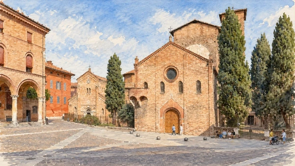 Watercolour: Santo Stefano Bologna, linked brick church fronts and cypress trees beside the paved piazza