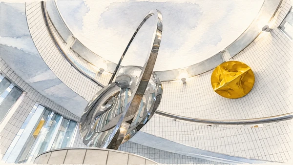 Watercolour: Casa Museo Remo Brindisi Lido di Spina, white cylindrical interior with polished abstract sculpture