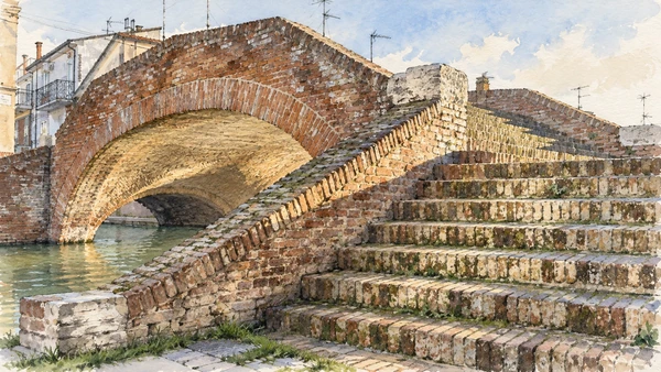 Watercolour: Ponte di San Pietro Comacchio, worn brick staircase beside a canal arch