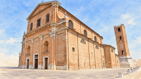 Watercolour: San Cassiano Cathedral Comacchio, brick facade and long side elevation with detached bell tower