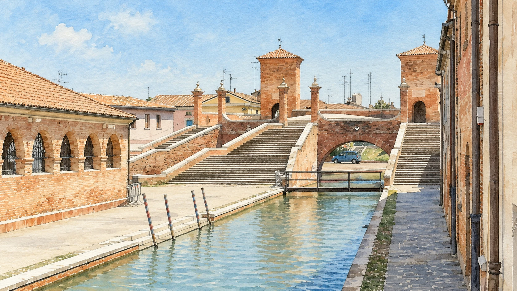Watercolour: Comacchio & the Po Delta establishing view