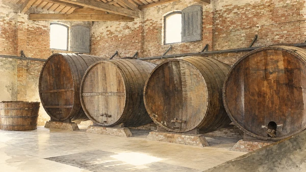 Watercolour: Sala degli Aceti at Manifattura dei Marinati Comacchio, large wooden barrels beneath timber beams