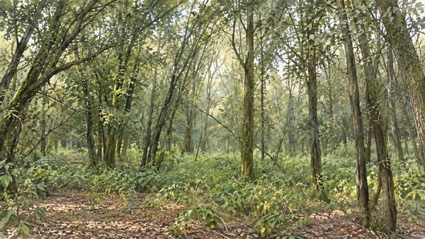 Watercolour: Woodland in the Bassa dei Frassini area of Bosco della Mesola, slender trunks and dense green undergrowth