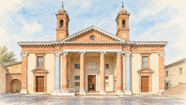 Watercolour: Museo Delta Antico Comacchio, former hospital facade with classical portico and twin rooftop towers