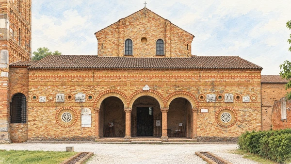 Watercolour: Pomposa Abbey, frontal brick atrium with three entrance arches and decorated round windows