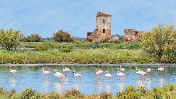 Watercolour: Salina di Comacchio, flamingos in shallow water with an old square tower beyond the marsh