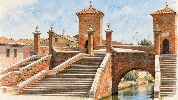 Watercolour: Trepponti Comacchio, close view of broad stairs, brick towers and canal arch