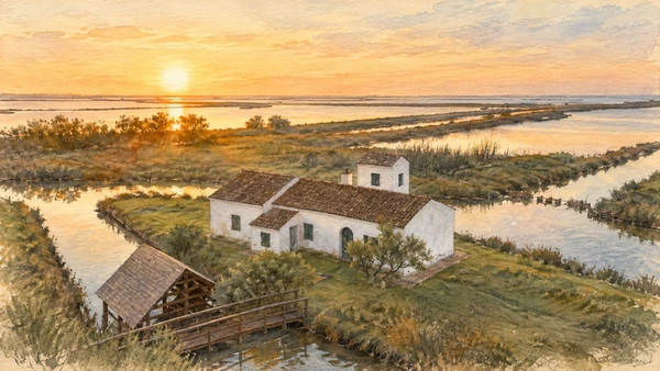 Watercolour: Casone Coccalino in the Valli di Comacchio, white fishing-station buildings among canals at sunset