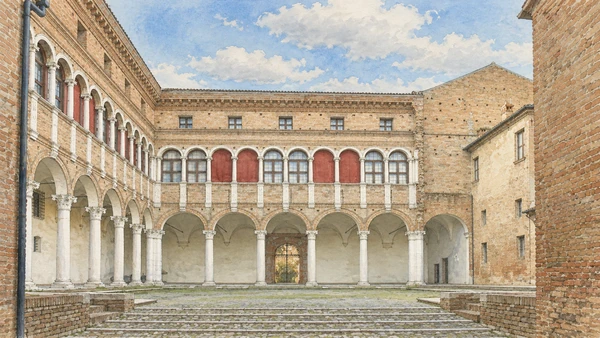 Watercolour: Palazzo Costabili Ferrara, two-storey Renaissance courtyard with arcades and upper arched windows