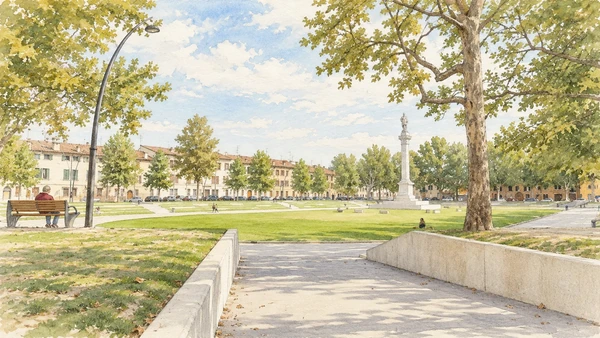 Watercolour: Piazza Ariostea Ferrara, descending ramp toward the grassy square and column with Ariosto statue