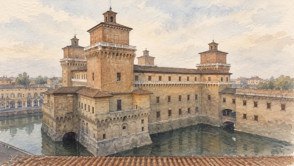 Watercolour: Castello Estense Ferrara, elevated view of brick towers, pale balconies and surrounding moat
