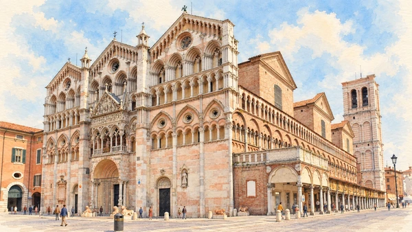 Watercolour: Ferrara Cathedral, three-gabled facade and long side arcade with bell tower beyond