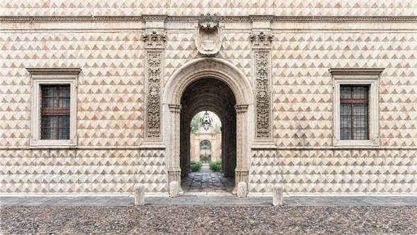 Watercolour: Palazzo dei Diamanti Ferrara, close frontal study of diamond-point stonework and carved entrance portal