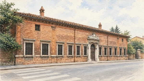 Watercolour: Palazzina Marfisa d’Este Ferrara, long low brick facade with stone-framed windows and central portal