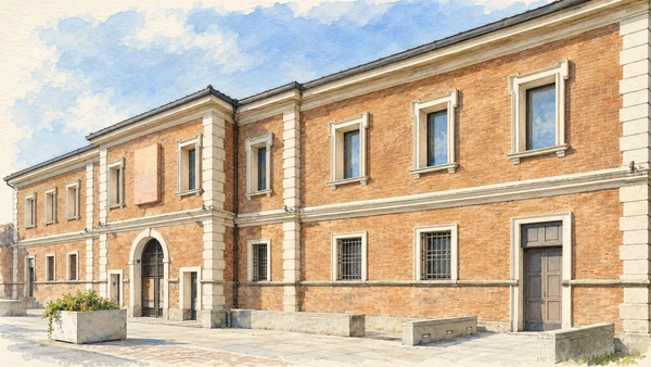 Watercolour: MEIS Ferrara, restrained brick facade of the former prison complex with pale window surrounds