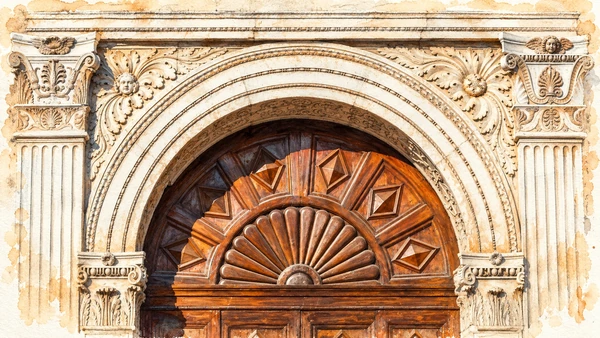 Watercolour: Palazzo Schifanoia Ferrara, carved stone entrance arch and fan-pattern timber door