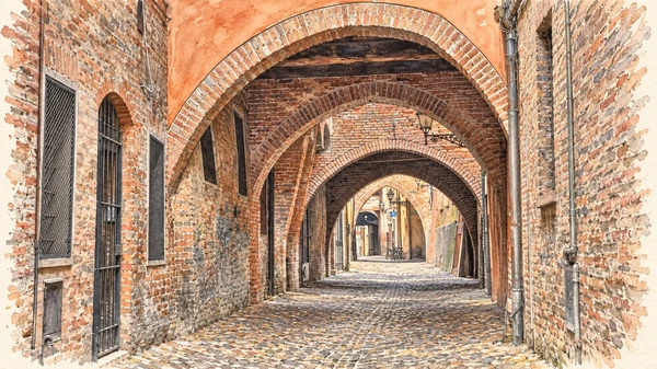 Watercolour: Via delle Volte Ferrara, cobbled lane beneath a sequence of overhead brick passage arches