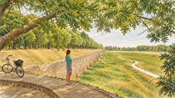 Watercolour: Ferrara walls, low brick defensive edge beside grass earthworks and tree-shaded path