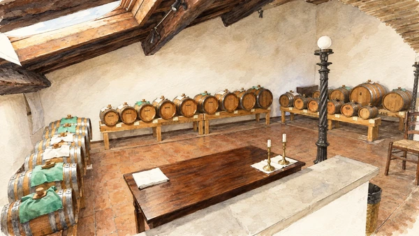 Watercolour: Municipal acetaia Modena, small wooden barrels beneath a sloping attic roof