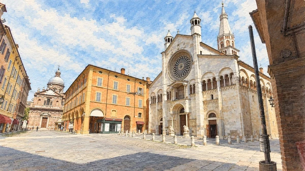 Watercolour: Modena Cathedral west facade with rose window and projecting porch in its urban setting