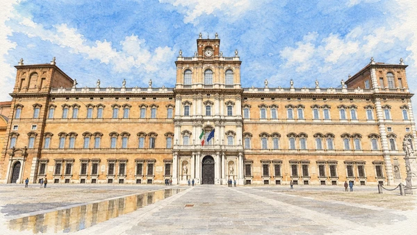 Watercolour: Palazzo Ducale Modena, long symmetrical baroque facade facing Piazza Roma