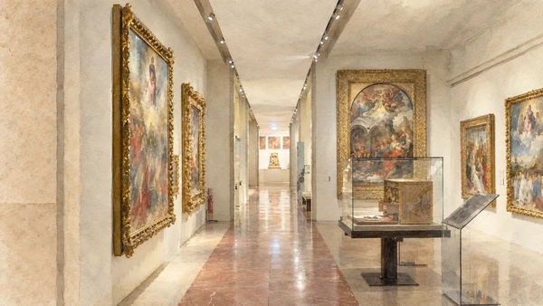 Watercolour: Galleria Estense Modena, pale gallery interior with framed paintings and a glass display case