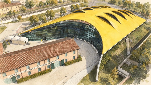 Watercolour: Museo Enzo Ferrari Modena, flowing yellow roof beside the historic tiled-roof workshop building