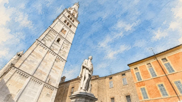 Watercolour: Ghirlandina Modena viewed from below beside a statue and ochre urban buildings