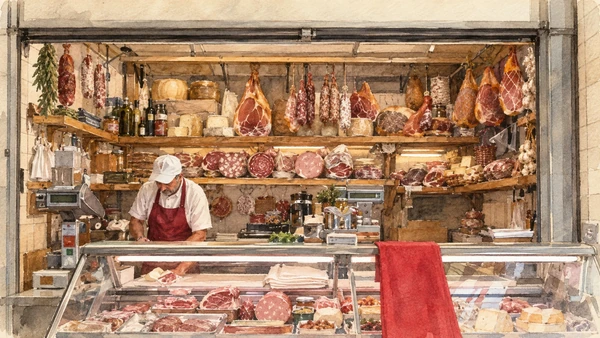 Watercolour: Mercato Albinelli Modena, delicatessen counter with cheese, cured meats and an adult vendor