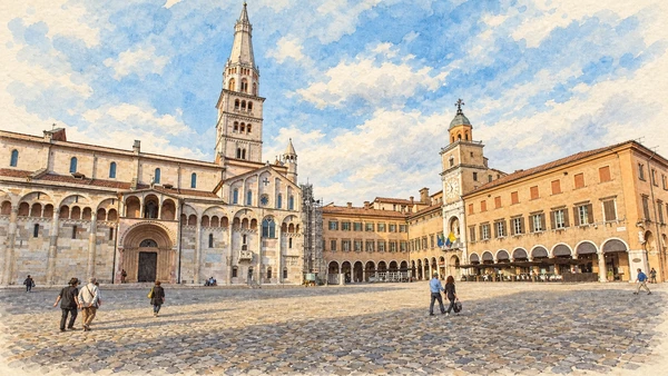 Watercolour: Modena Piazza Grande, cathedral flank and municipal arcades around a broad paved square