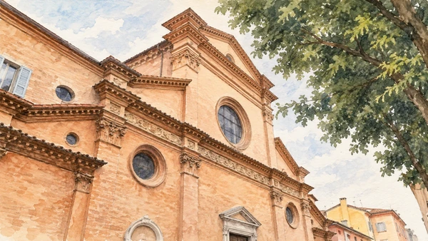 Watercolour: San Pietro Apostolo Modena, oblique study of terracotta facade and circular windows