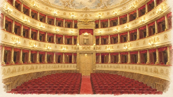 Watercolour: Pavarotti–Freni Theatre Modena, curved auditorium with gilded box fronts and red seating