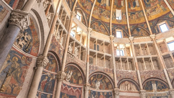 Watercolour: Parma Baptistery interior, pale galleries beneath a divided painted vault