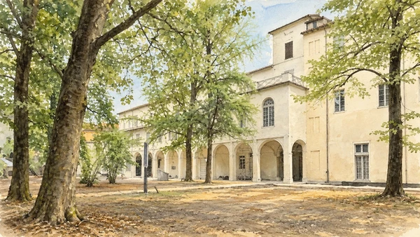 Watercolour: Garden side of the former San Paolo monastery Parma, pale arcaded building beneath mature trees