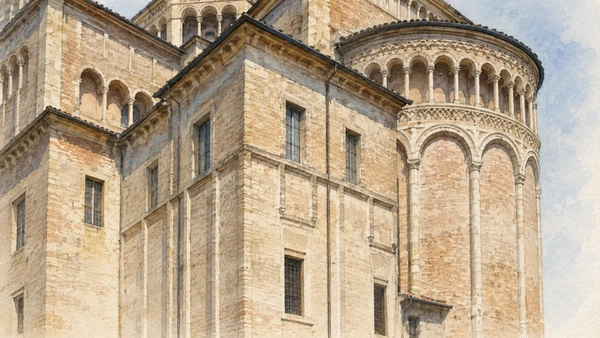 Watercolour: Parma Cathedral, close view of the Romanesque apse and adjoining masonry volumes