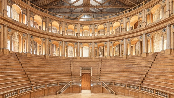 Watercolour: Teatro Farnese Parma, reconstructed timber seating and two levels of arcaded loggias