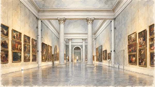 Watercolour: National Gallery Parma, long pale columned interior with framed paintings along the walls