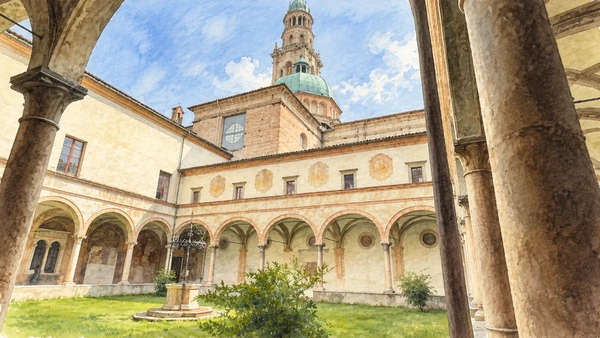 Watercolour: San Giovanni Evangelista Parma, cloister lawn and arcades with dome and bell tower beyond