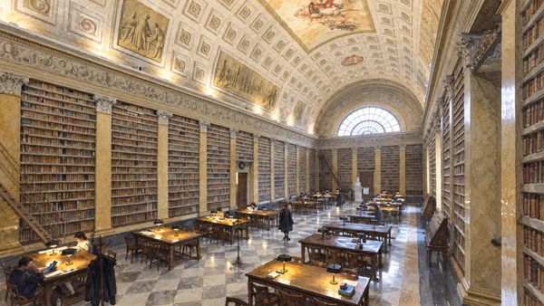 Watercolour: Palatina Library Parma, long vaulted reading hall with tall bookcases and illuminated desks