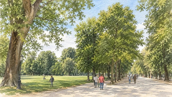 Watercolour: Ducal Park Parma, broad tree-lined avenue with lawn and small groups of walkers