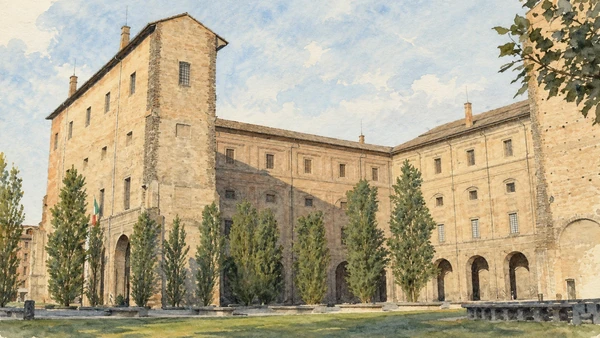 Watercolour: Palazzo della Pilotta Parma, massive brick corner and adjoining wings above a line of trees