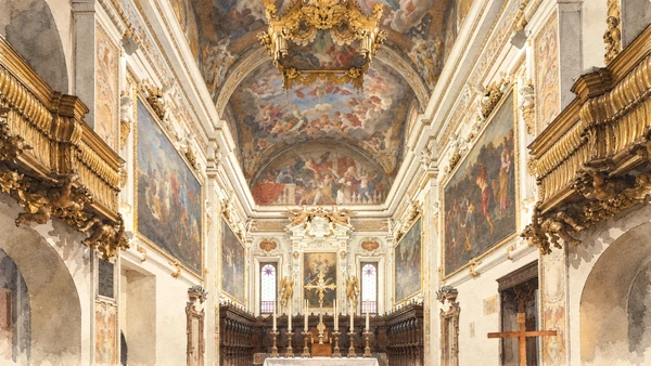 Watercolour: Sant’Antonino Piacenza, decorated sanctuary with painted vault and gilded organ balconies