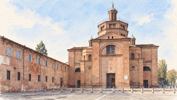 Watercolour: Santa Maria di Campagna Piacenza, brick facade beneath polygonal drum and lantern
