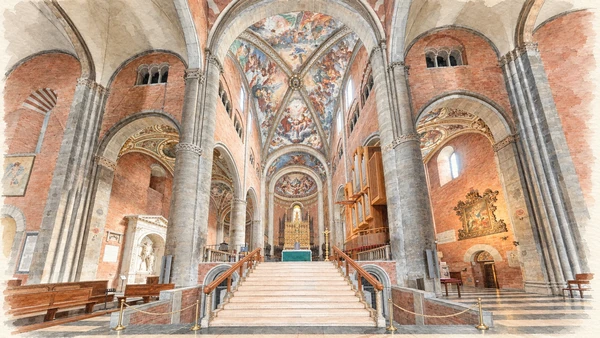 Watercolour: Piacenza Cathedral interior, broad sanctuary steps between massive stone piers beneath painted vaults