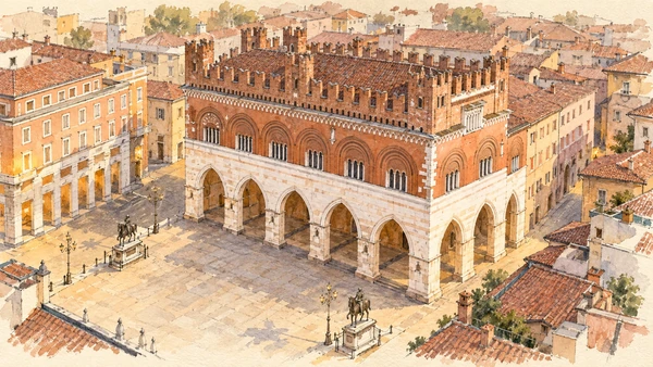 Watercolour: Palazzo Gotico and Piazza Cavalli Piacenza, elevated view of the pale arcade, brick upper hall and equestrian monuments