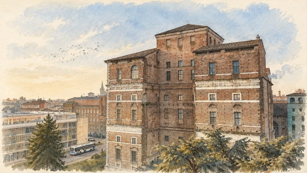 Watercolour: Palazzo Farnese Piacenza, north elevation of the massive unfinished brick palace